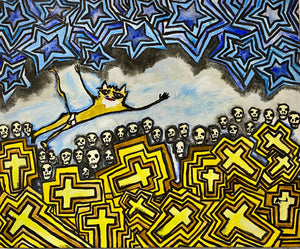 ENRIQUE ARNAUD BLUM "GATO EN TRUSA CON CRUCES, CRÁNEOS Y ESTRELLAS ” PINTURA
