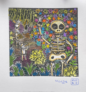 MONZE, CALAVERA MEZCAL Y MUSICOS, LINOGRABADO INTERVENIDO (ACUARELAS Y COLORES)