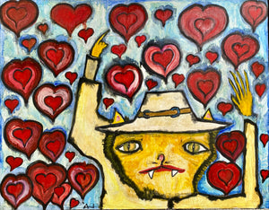 ENRIQUE ARNAUD BLUM "GATO AMARILLO CON SOMBRERO Y CORAZONES ROJOS” PINTURA
