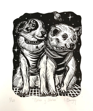 LAURA BARRAGAN “BELKA Y  STRELKA” LINOGRABADO