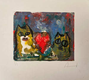 ENRIQUE ARNAUD  "GATOS CORAZÓN II"  LITOGRAFÍA MONOTIPO